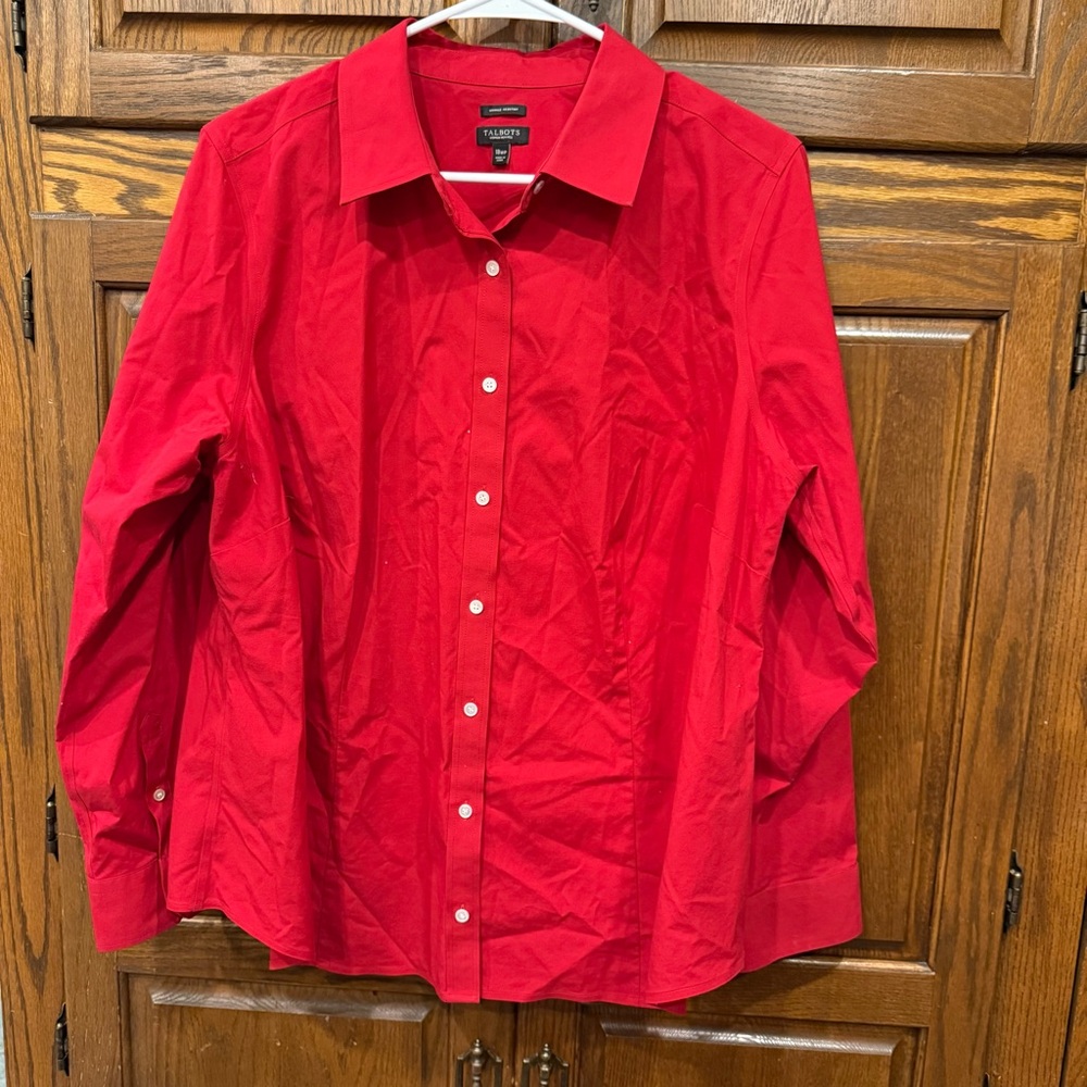 Talbots Blouse Top Red 18WP Petite Red Button Down Long Sleeve Wrinkle Resistant